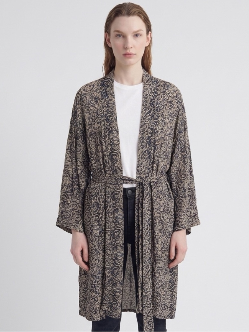 Free People One Blue/Black XS/S Printed Kimono Robe with Belt